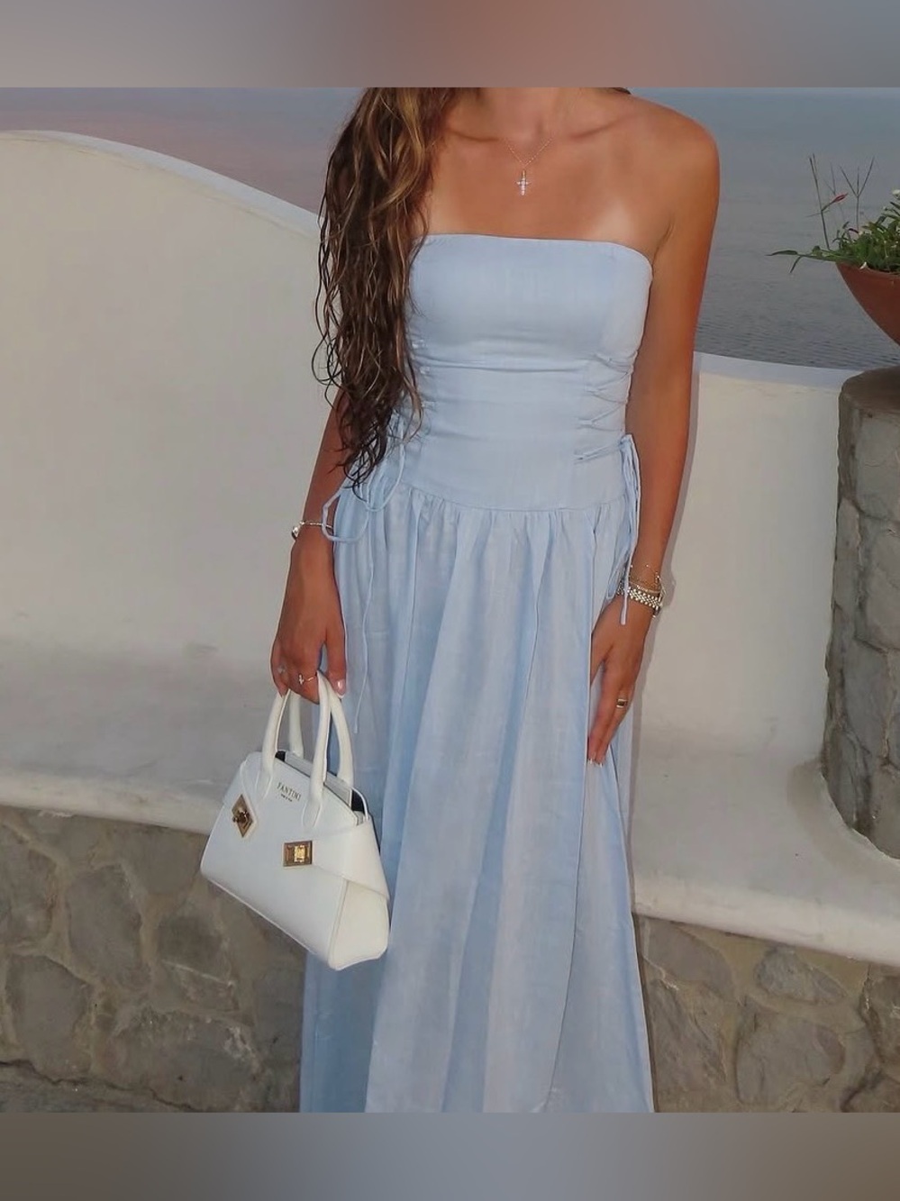 Strapless Light Blue Maxi Dress